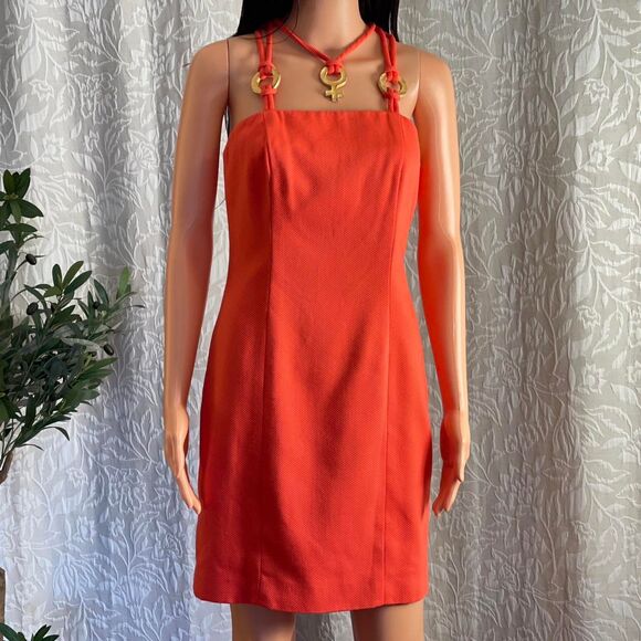 Vintage 80s Linda Segal Orange Mini Dress w/ Gold Ankh Ring Halter Straps Size 6 - Picture 2 of 8